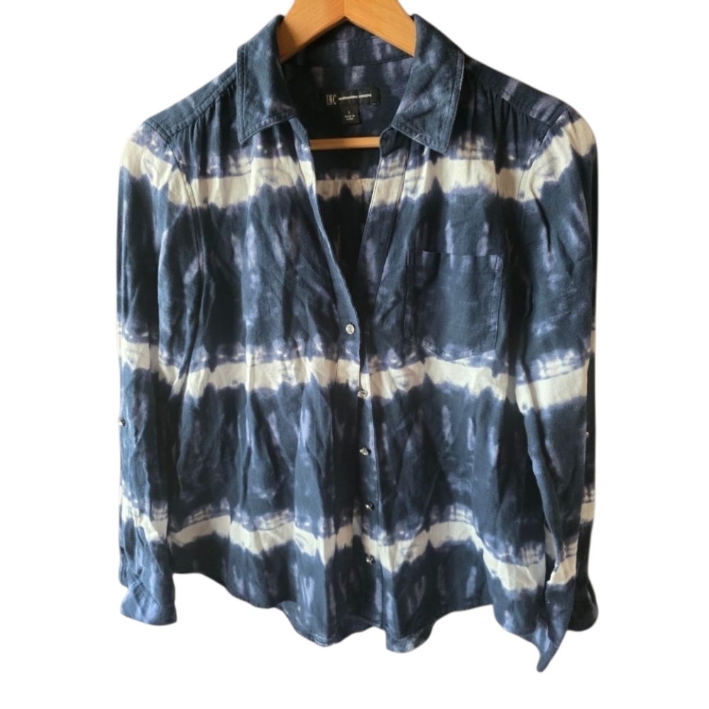 INC International Concept Blue and White Tie-Dye Women's Top Size Large Classic